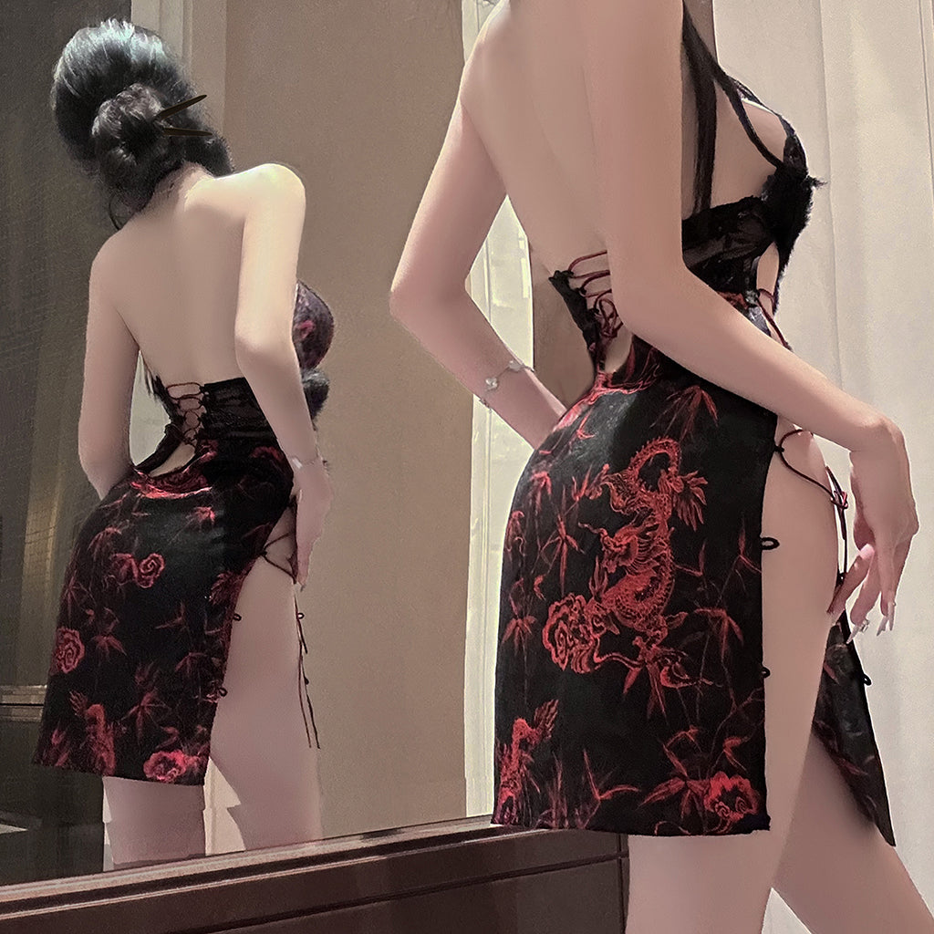 「Red Flame Cheongsam」Dark Style Lace-up Modified Cheongsam Sexy Set